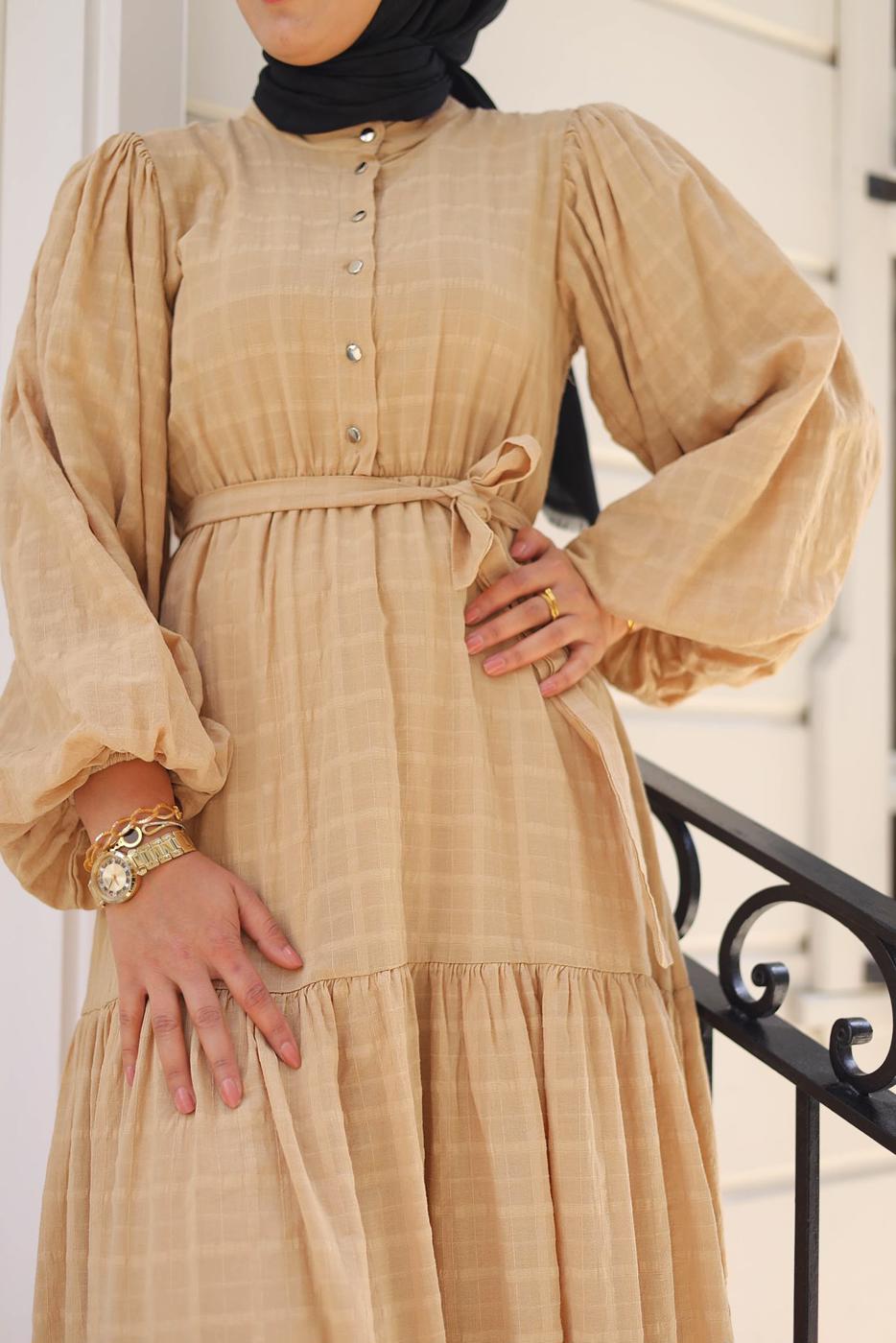 Vêtements hijab ORANGE ROBE CEINTURÉE MANCHES BALLONS T 08002