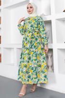 Tesettür giyim YEŞİL YAPRAK DESENLİ KUŞAKLI ELBİSE T 934