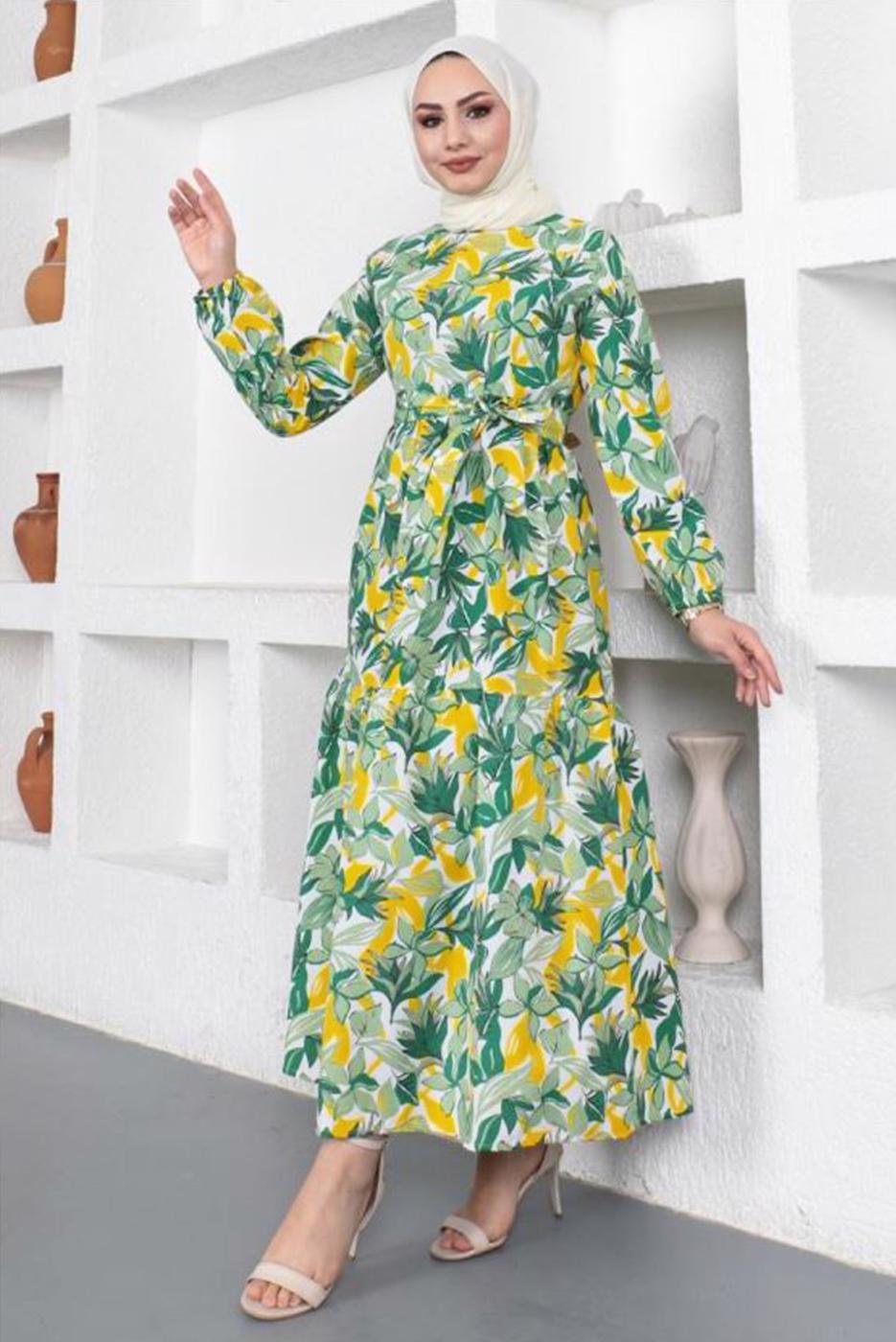 Tesettür giyim YEŞİL YAPRAK DESENLİ KUŞAKLI ELBİSE T 934