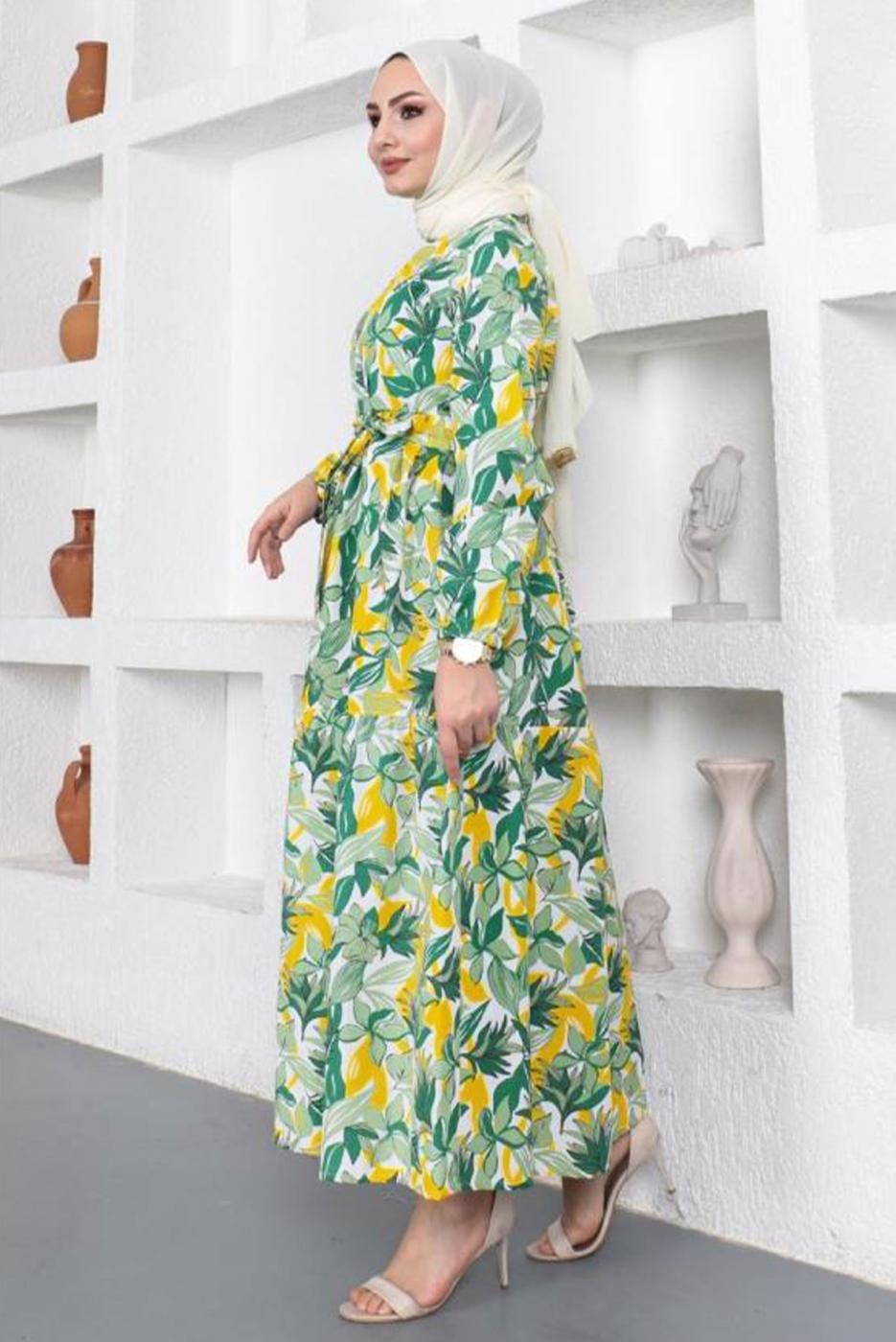 Tesettür giyim YEŞİL YAPRAK DESENLİ KUŞAKLI ELBİSE T 934