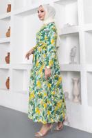 Tesettür giyim YEŞİL YAPRAK DESENLİ KUŞAKLI ELBİSE T 934