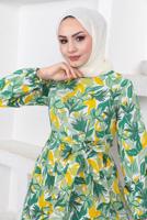 Tesettür giyim YEŞİL YAPRAK DESENLİ KUŞAKLI ELBİSE T 934