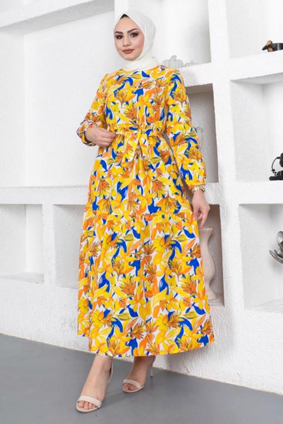 Tesettür giyim SARI YAPRAK DESENLİ KUŞAKLI ELBİSE T 934