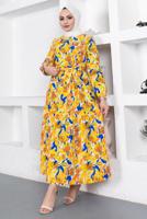 Tesettür giyim SARI YAPRAK DESENLİ KUŞAKLI ELBİSE T 934