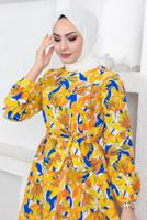 Tesettür giyim SARI YAPRAK DESENLİ KUŞAKLI ELBİSE T 934
