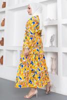 Tesettür giyim SARI YAPRAK DESENLİ KUŞAKLI ELBİSE T 934