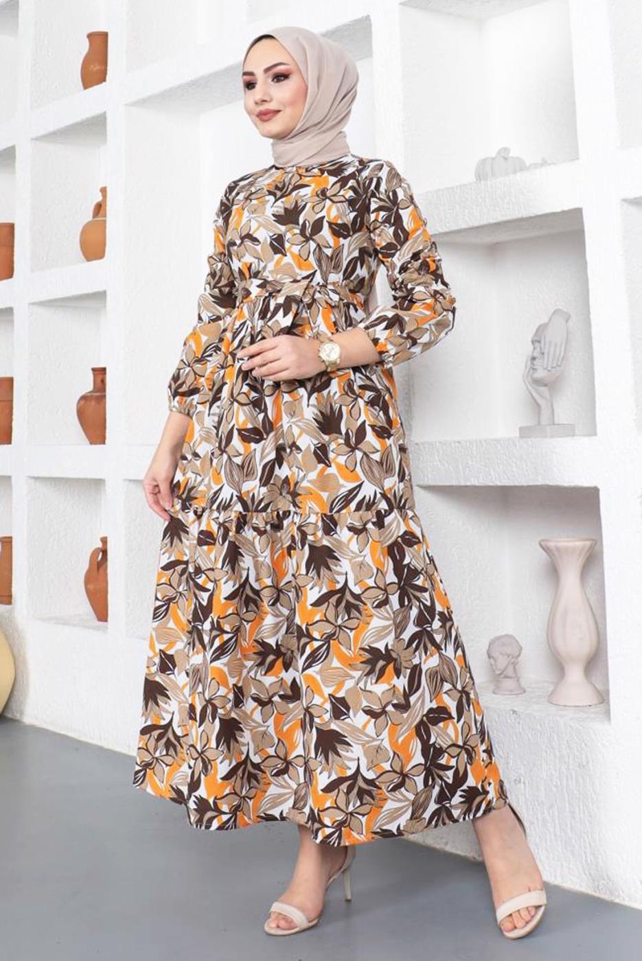 Tesettür giyim KAHVE YAPRAK DESENLİ KUŞAKLI ELBİSE T 934