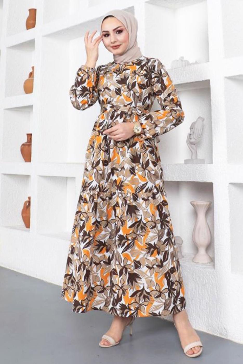 Tesettür giyim KAHVE YAPRAK DESENLİ KUŞAKLI ELBİSE T 934