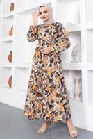 Tesettür giyim KAHVE YAPRAK DESENLİ KUŞAKLI ELBİSE T 934