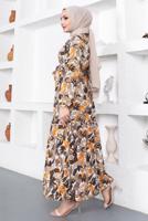 Tesettür giyim KAHVE YAPRAK DESENLİ KUŞAKLI ELBİSE T 934