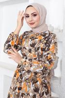 Tesettür giyim KAHVE YAPRAK DESENLİ KUŞAKLI ELBİSE T 934