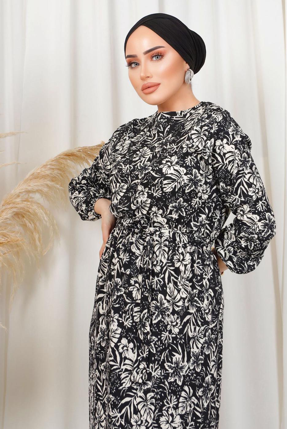Tesettür giyim SİYAH DESENLİ KUŞAKLI BÜRÜMCÜK ELBİSE T 1113