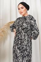 Tesettür giyim SİYAH DESENLİ KUŞAKLI BÜRÜMCÜK ELBİSE T 1113