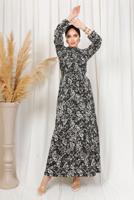 Tesettür giyim SİYAH DESENLİ KUŞAKLI BÜRÜMCÜK ELBİSE T 1113