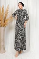 Tesettür giyim SİYAH DESENLİ KUŞAKLI BÜRÜMCÜK ELBİSE T 1113