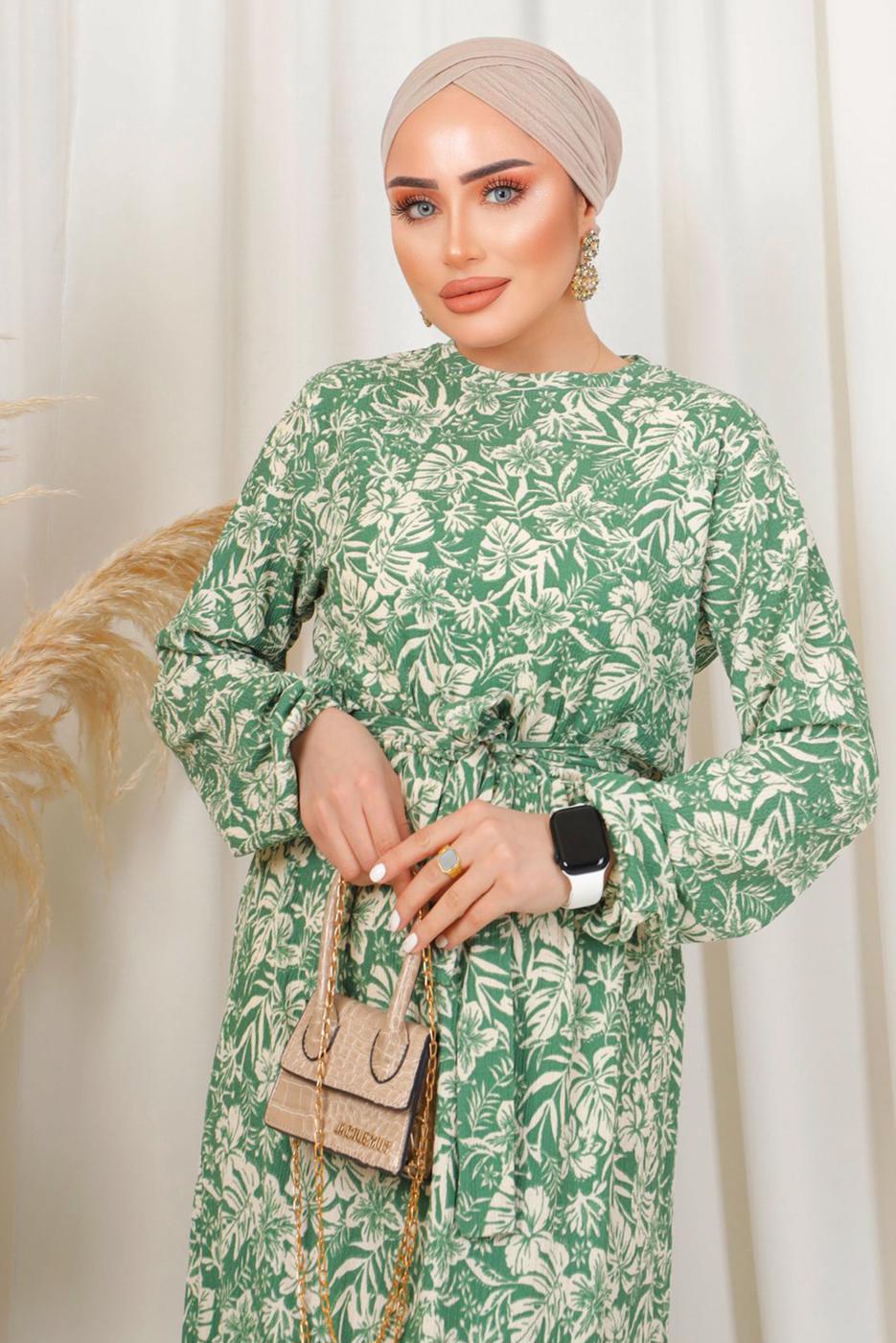 Tesettür giyim YEŞİL DESENLİ KUŞAKLI BÜRÜMCÜK ELBİSE T 1113