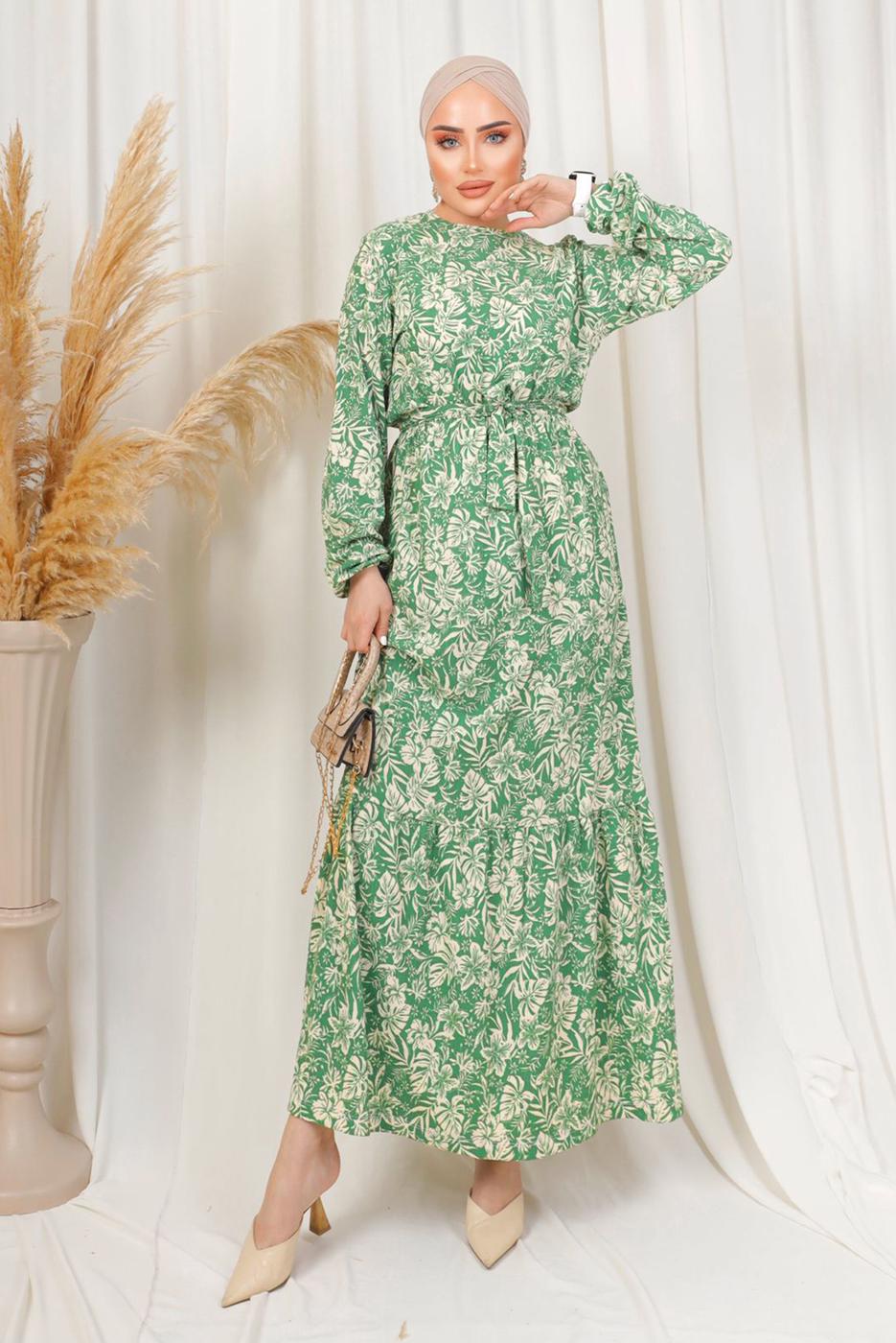 Tesettür giyim YEŞİL DESENLİ KUŞAKLI BÜRÜMCÜK ELBİSE T 1113