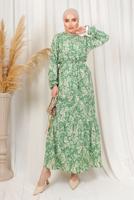Tesettür giyim YEŞİL DESENLİ KUŞAKLI BÜRÜMCÜK ELBİSE T 1113