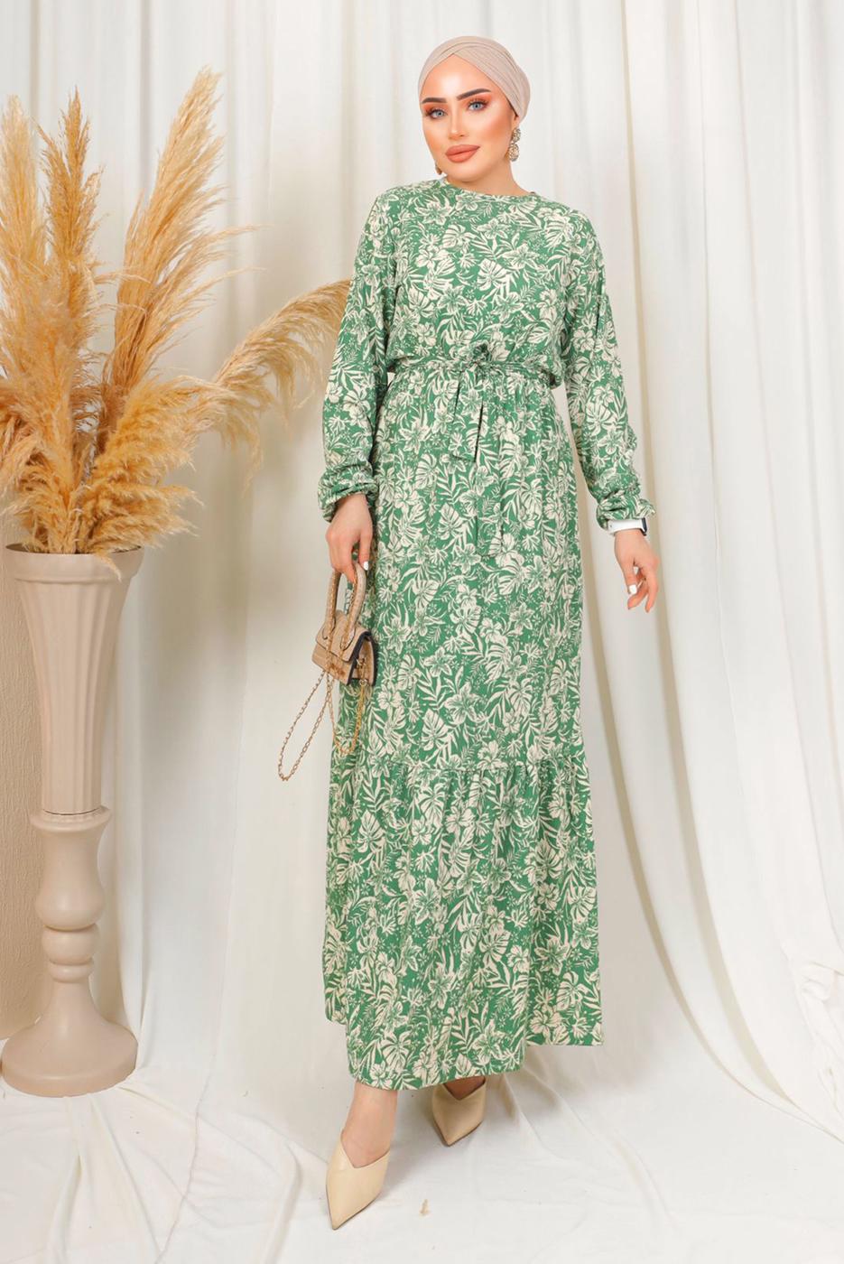 Tesettür giyim YEŞİL DESENLİ KUŞAKLI BÜRÜMCÜK ELBİSE T 1113