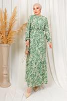 Tesettür giyim YEŞİL DESENLİ KUŞAKLI BÜRÜMCÜK ELBİSE T 1113