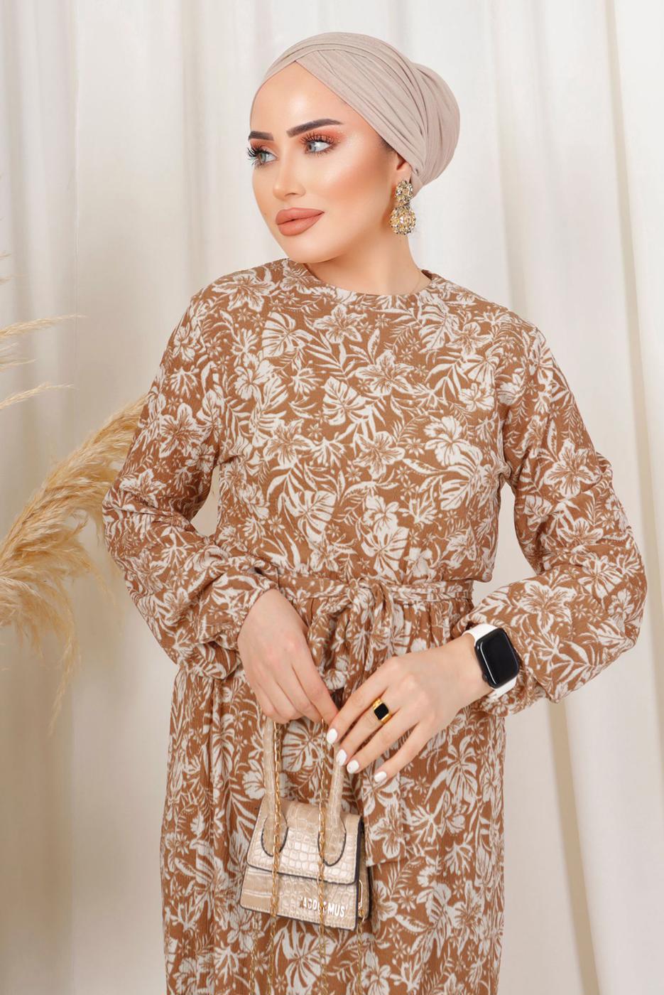 Tesettür giyim KAHVE DESENLİ KUŞAKLI BÜRÜMCÜK ELBİSE T 1113