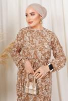 Tesettür giyim KAHVE DESENLİ KUŞAKLI BÜRÜMCÜK ELBİSE T 1113