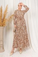 Tesettür giyim KAHVE DESENLİ KUŞAKLI BÜRÜMCÜK ELBİSE T 1113