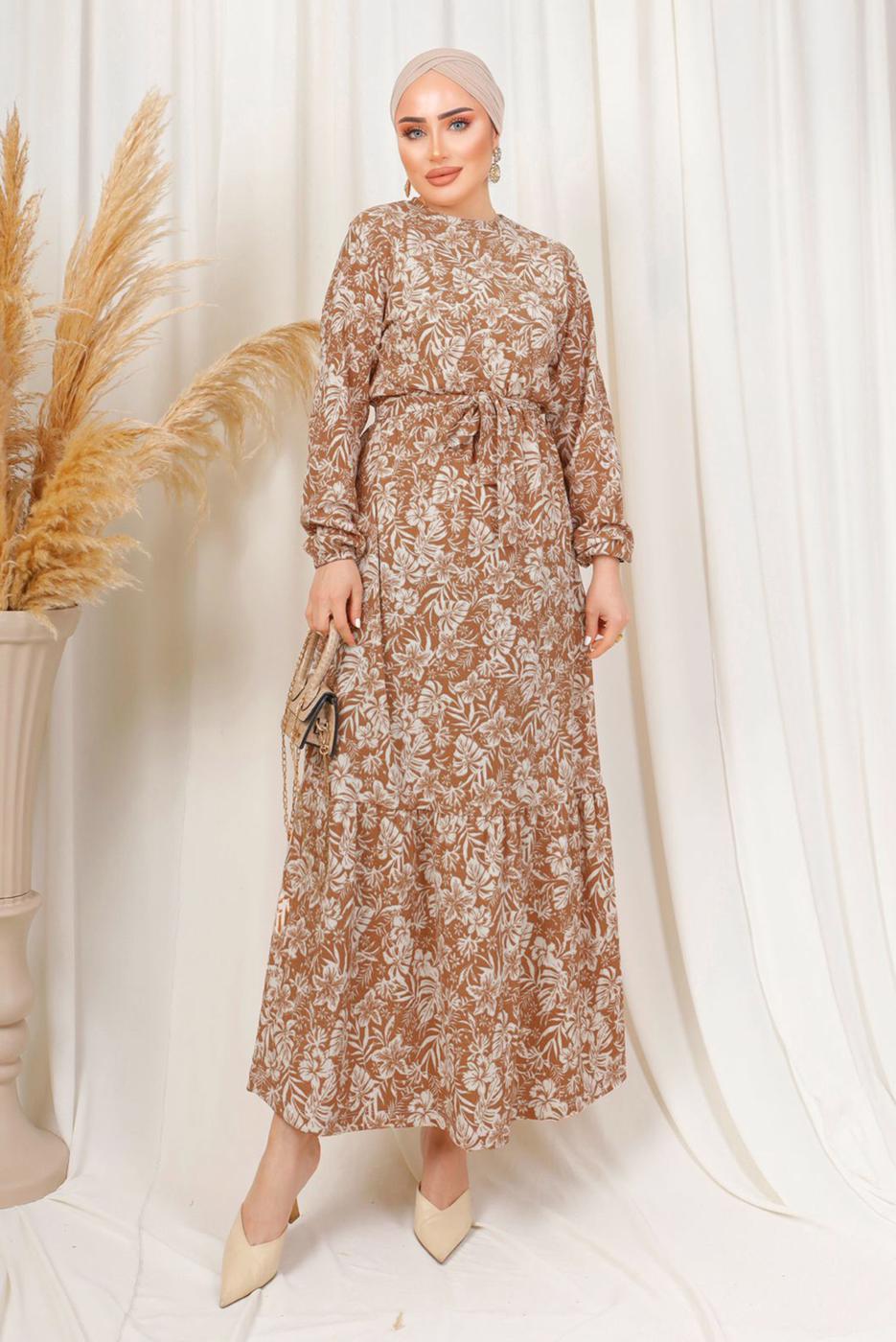 Tesettür giyim KAHVE DESENLİ KUŞAKLI BÜRÜMCÜK ELBİSE T 1113