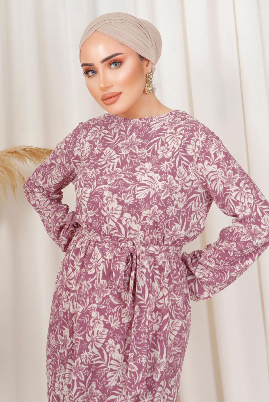 Tesettür giyim PEMBE DESENLİ KUŞAKLI BÜRÜMCÜK ELBİSE T 1113