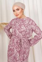 Tesettür giyim PEMBE DESENLİ KUŞAKLI BÜRÜMCÜK ELBİSE T 1113