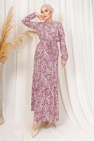 Tesettür giyim PEMBE DESENLİ KUŞAKLI BÜRÜMCÜK ELBİSE T 1113