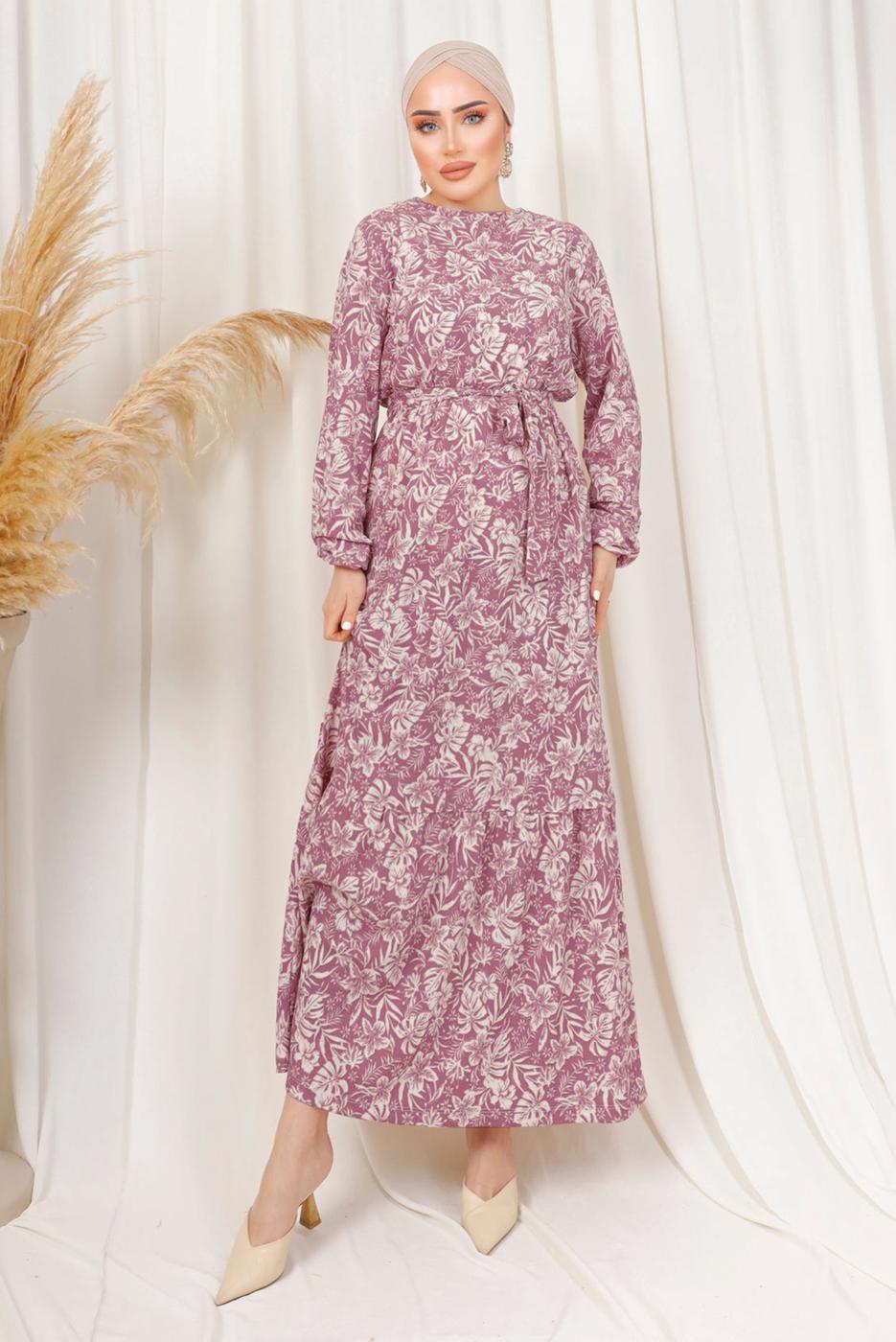 Tesettür giyim PEMBE DESENLİ KUŞAKLI BÜRÜMCÜK ELBİSE T 1113