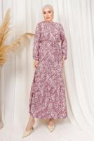 Tesettür giyim PEMBE DESENLİ KUŞAKLI BÜRÜMCÜK ELBİSE T 1113