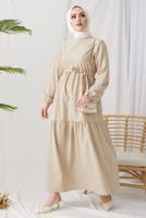Tesettür giyim BEJ A KESİM BİSİKLET YAKA KUŞAKLI ELBİSE T 114