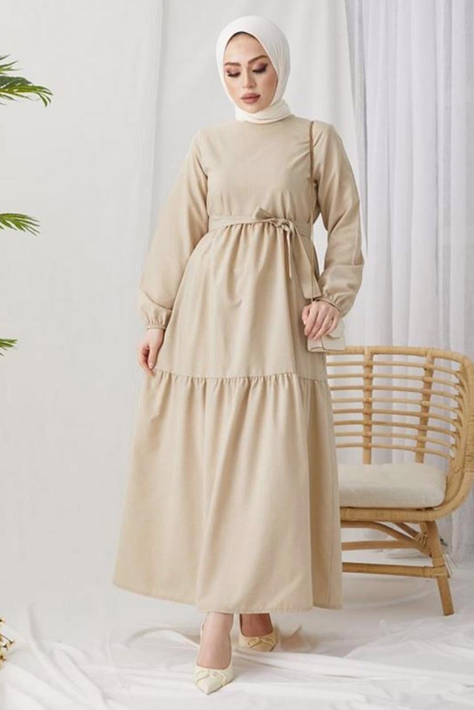 Tesettür giyim BEJ A KESİM BİSİKLET YAKA KUŞAKLI ELBİSE T 114