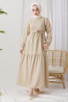 Tesettür giyim BEJ A KESİM BİSİKLET YAKA KUŞAKLI ELBİSE T 114