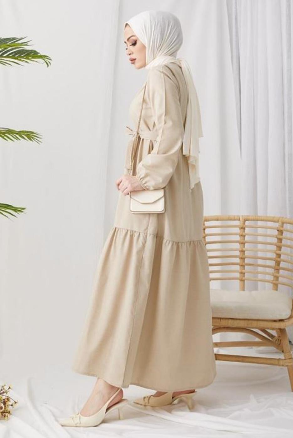 Tesettür giyim BEJ A KESİM BİSİKLET YAKA KUŞAKLI ELBİSE T 114