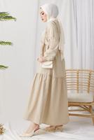 Tesettür giyim BEJ A KESİM BİSİKLET YAKA KUŞAKLI ELBİSE T 114