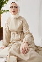 Tesettür giyim BEJ A KESİM BİSİKLET YAKA KUŞAKLI ELBİSE T 114