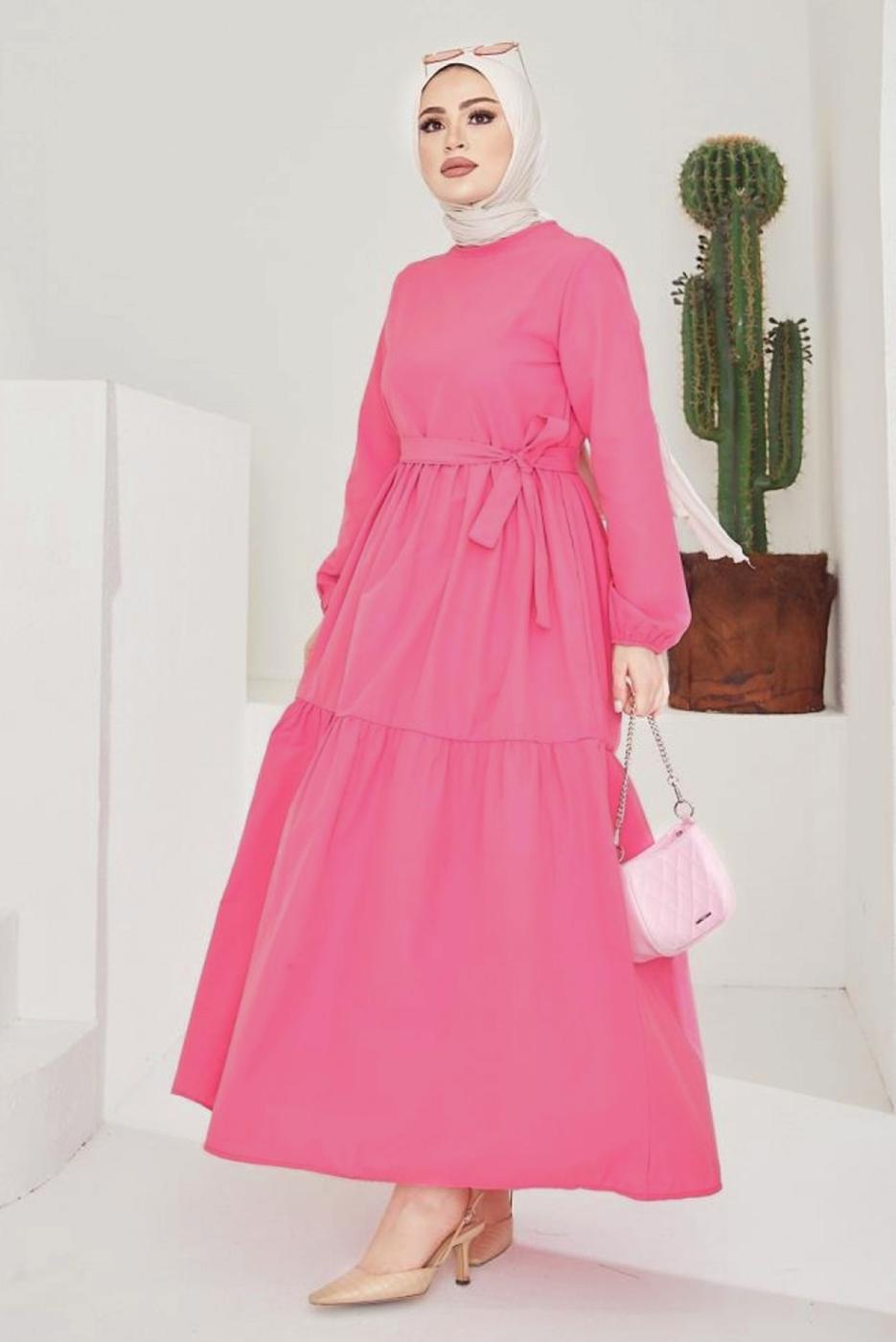 Tesettür giyim FUŞYA A KESİM BİSİKLET YAKA KUŞAKLI ELBİSE T 114