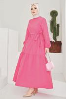 Tesettür giyim FUŞYA A KESİM BİSİKLET YAKA KUŞAKLI ELBİSE T 114