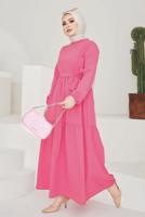 Tesettür giyim FUŞYA A KESİM BİSİKLET YAKA KUŞAKLI ELBİSE T 114