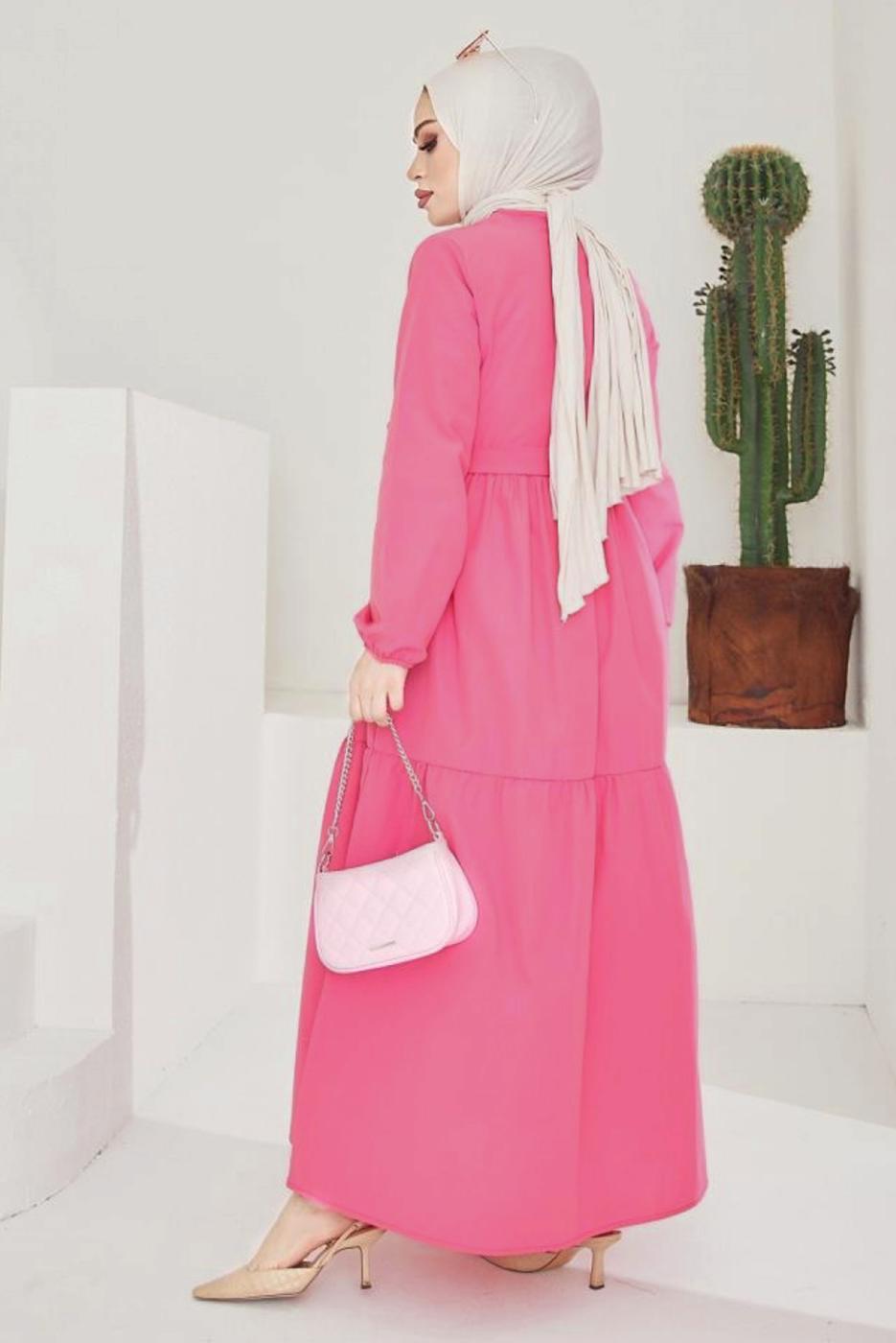 Tesettür giyim FUŞYA A KESİM BİSİKLET YAKA KUŞAKLI ELBİSE T 114