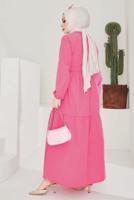 Tesettür giyim FUŞYA A KESİM BİSİKLET YAKA KUŞAKLI ELBİSE T 114