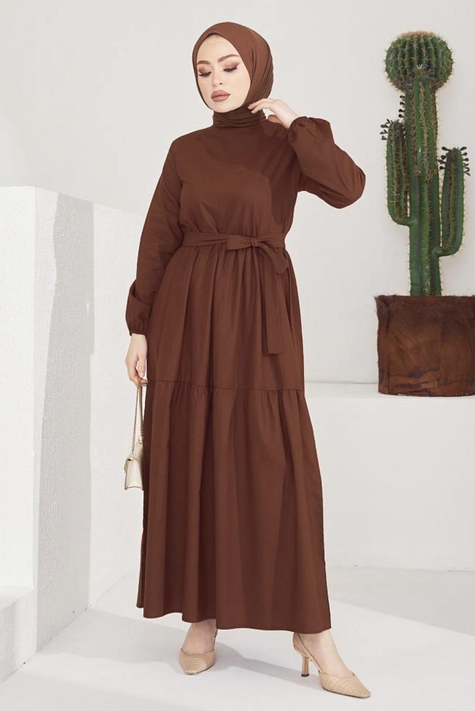 Tesettür giyim KAHVE A KESİM BİSİKLET YAKA KUŞAKLI ELBİSE T 114