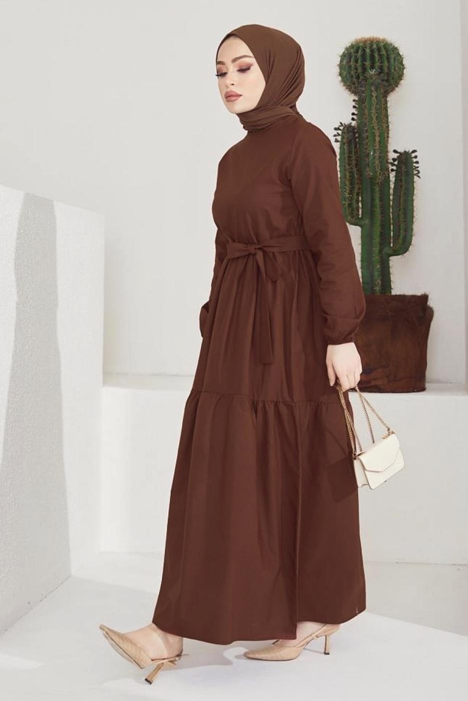 Tesettür giyim KAHVE A KESİM BİSİKLET YAKA KUŞAKLI ELBİSE T 114