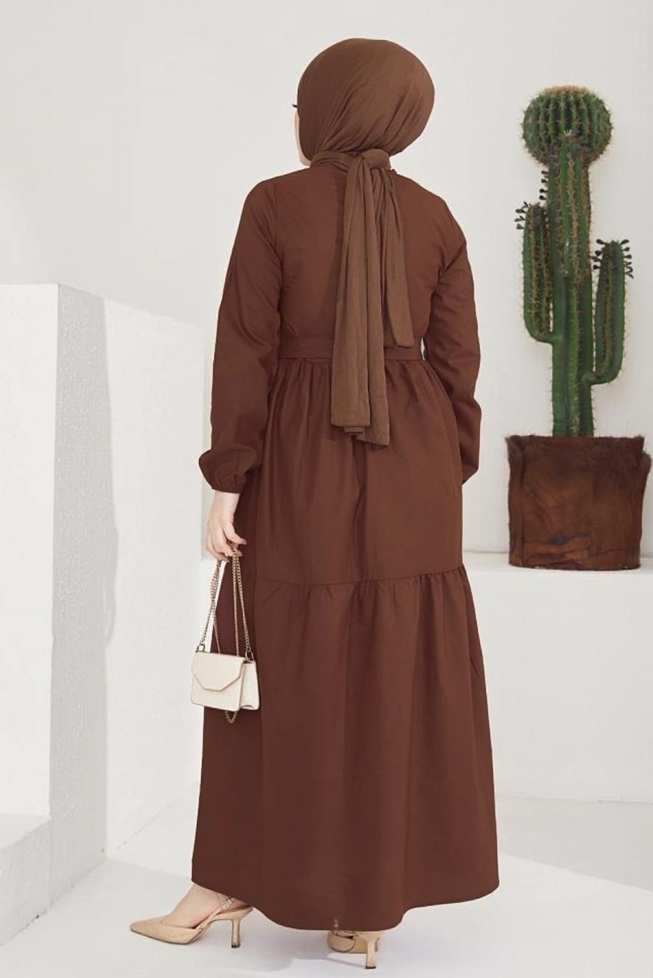 Tesettür giyim KAHVE A KESİM BİSİKLET YAKA KUŞAKLI ELBİSE T 114
