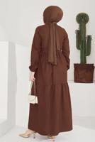 Tesettür giyim KAHVE A KESİM BİSİKLET YAKA KUŞAKLI ELBİSE T 114