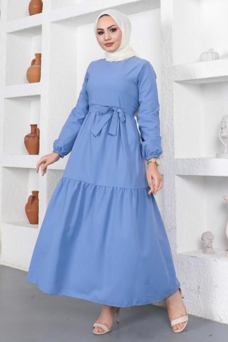 Tesettür giyim LACİVERT A KESİM BİSİKLET YAKA KUŞAKLI ELBİSE T 114
