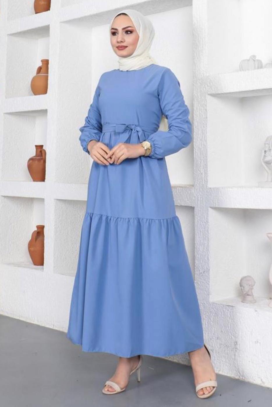 Tesettür giyim LACİVERT A KESİM BİSİKLET YAKA KUŞAKLI ELBİSE T 114